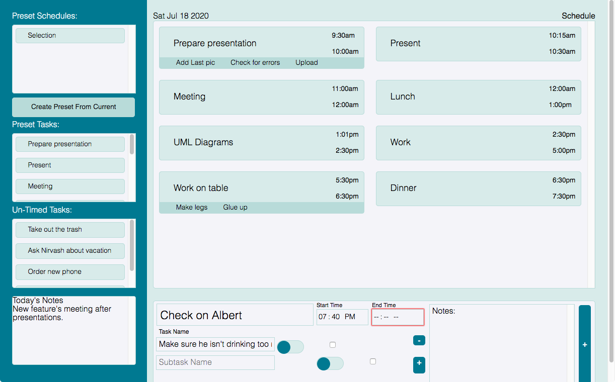 Schedule Creation Page